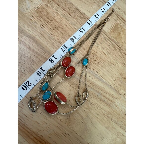 Monet Vintage Gold-Tone Multi-Strand Necklace With Red & Turquoise Cabochon Ston - Picture 5 of 8